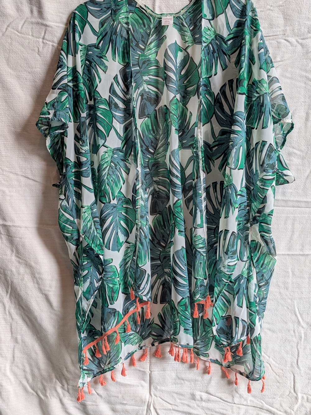No Boundaries Tropical Leaf Sheer Kimono with Coral Tassels